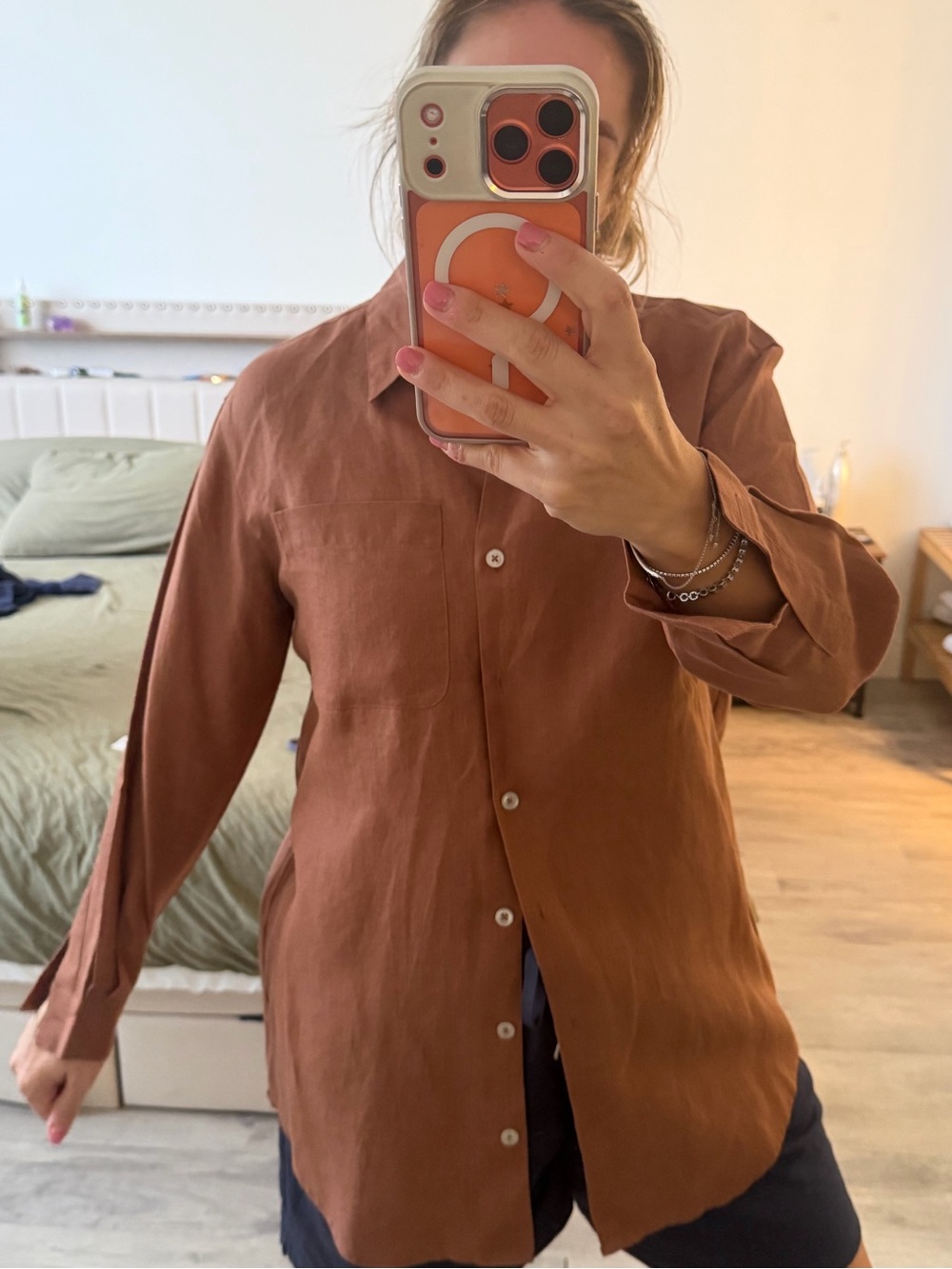Women’s Rust Brown Button-Up Shirt - Classic Long Sleeve 100% linen - Picture 4 of 6